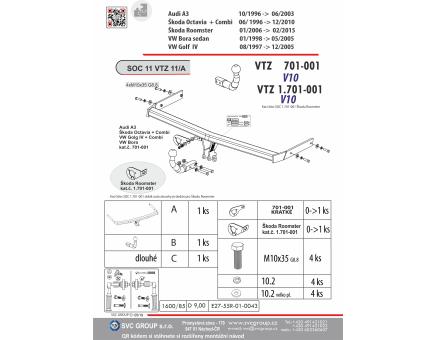 Tažné zařízení VOLKSWAGEN Bora 1998->05/2005, Sedan